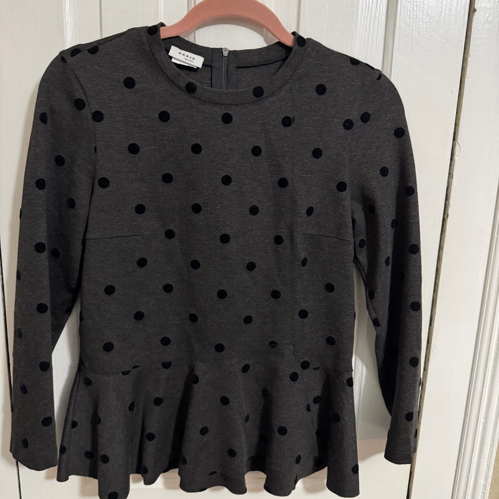 Akris Punto Black Gray Polka Dot Ponte Knit Layered Peplum Top Size US 4